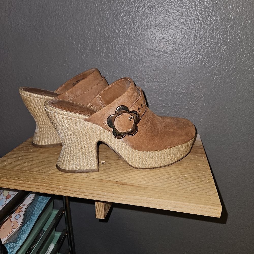 Chelsea & Violet Tan Suede Mules with Woven Heel